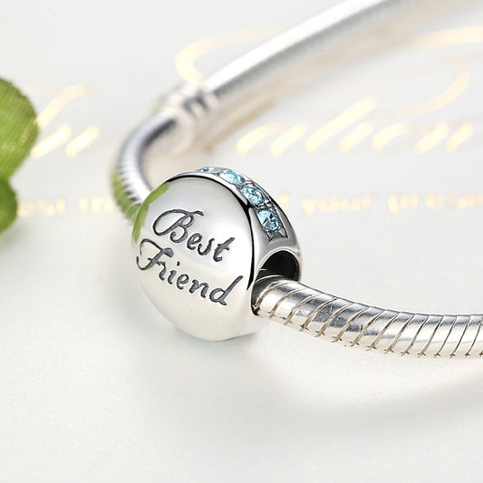 "Best Friend" Charm Bead 925 Sterling Silver Inlaid with Blue Gemstones_2
