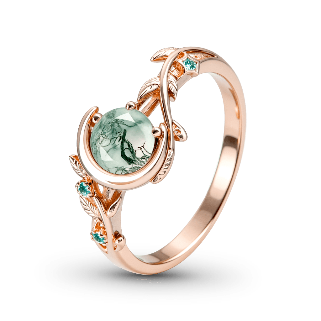 Gnoce Vine Crescent Moon Moss Agate Engagement Ring_4
