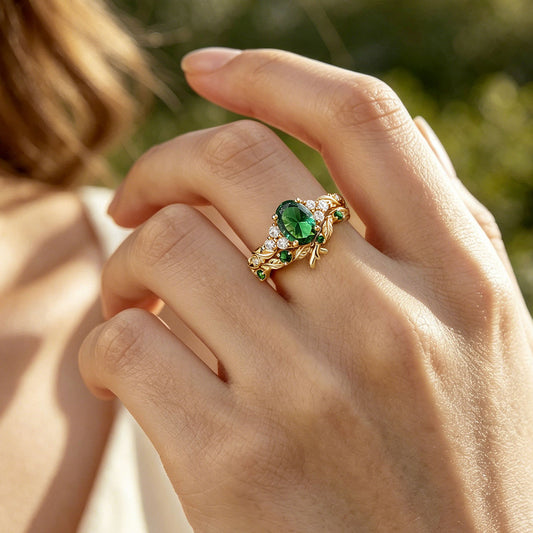 Gnoce Nature-Inspired Leaf Oval-Cut Engagement Ring Set_2