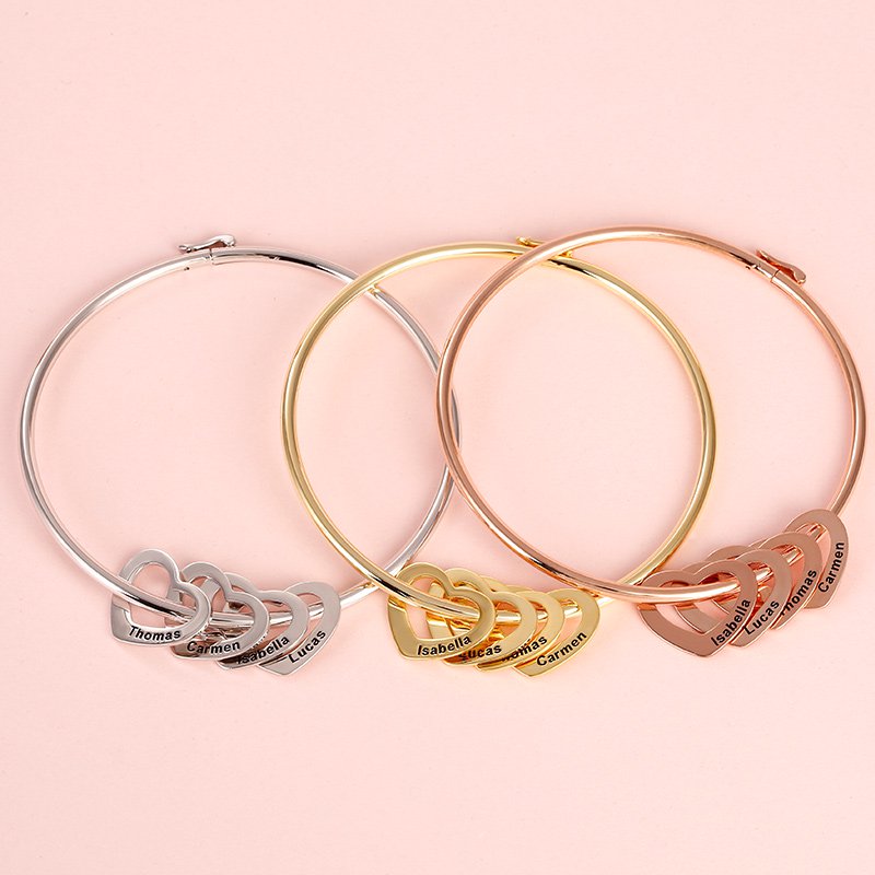 Gnoce "Lettering You in My Heart" Bangle Bracelet with Heart Shape Pendants in Sterling Silver_2