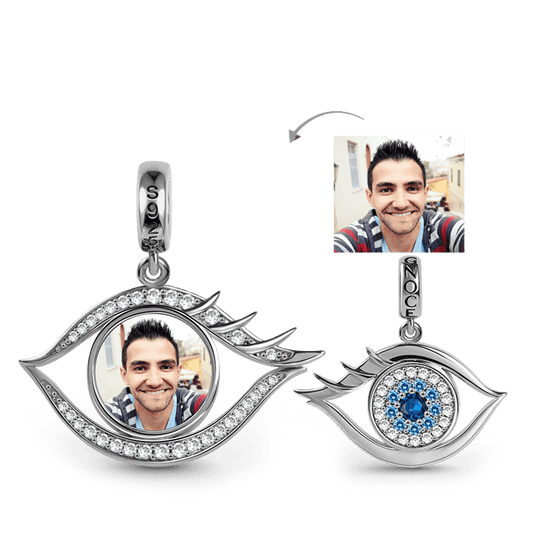 Devil's Eye Photo Charm Bead Sterling Silver Inlaid with Crystal Gems_1