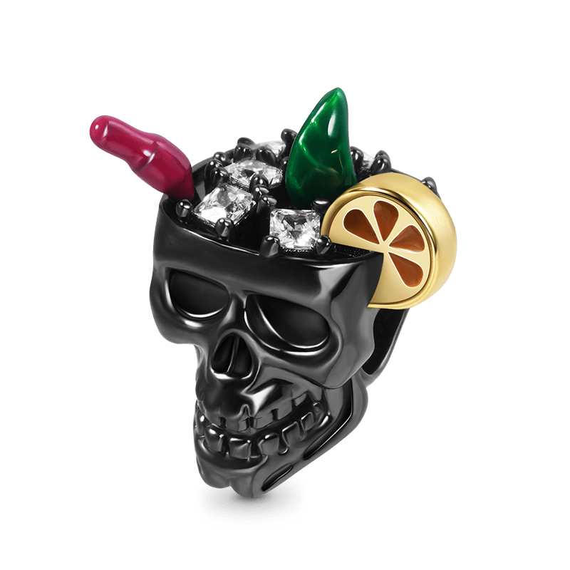 Cocktail Drinking Skull Charm Bead 925 Sterling Silver Plated with Black_1
