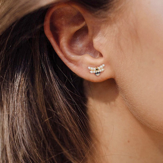 Pearl Bee Earrings Copper Inlaid Black Blue Zircons_3