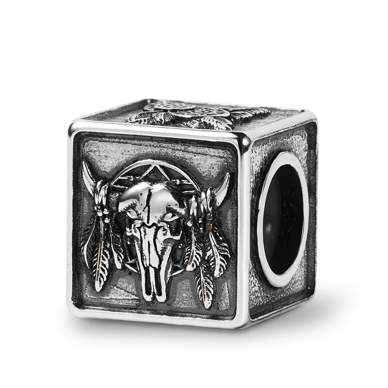 Indian Bull Skull Men's Vintage Bead S925 Sterling Silver with Gift Copper Black Leather Men's Bracelet Jewelry for Men_2