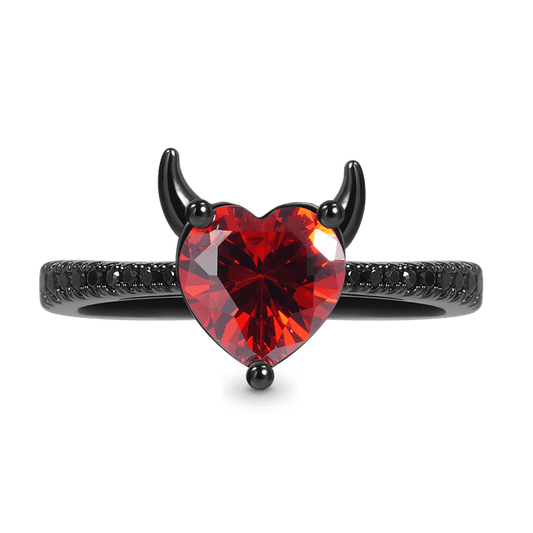 Devil with a Kind Heart Ring 925 Sterling Silver Black Plated Inlaid with Red Heart CZ Stone and Black Zircon Stones_1