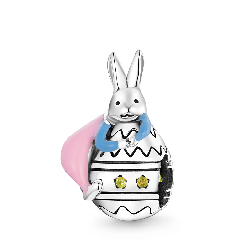 Cute Bunny Holding Easter Egg Charm Bead 925 Sterling Silver_1