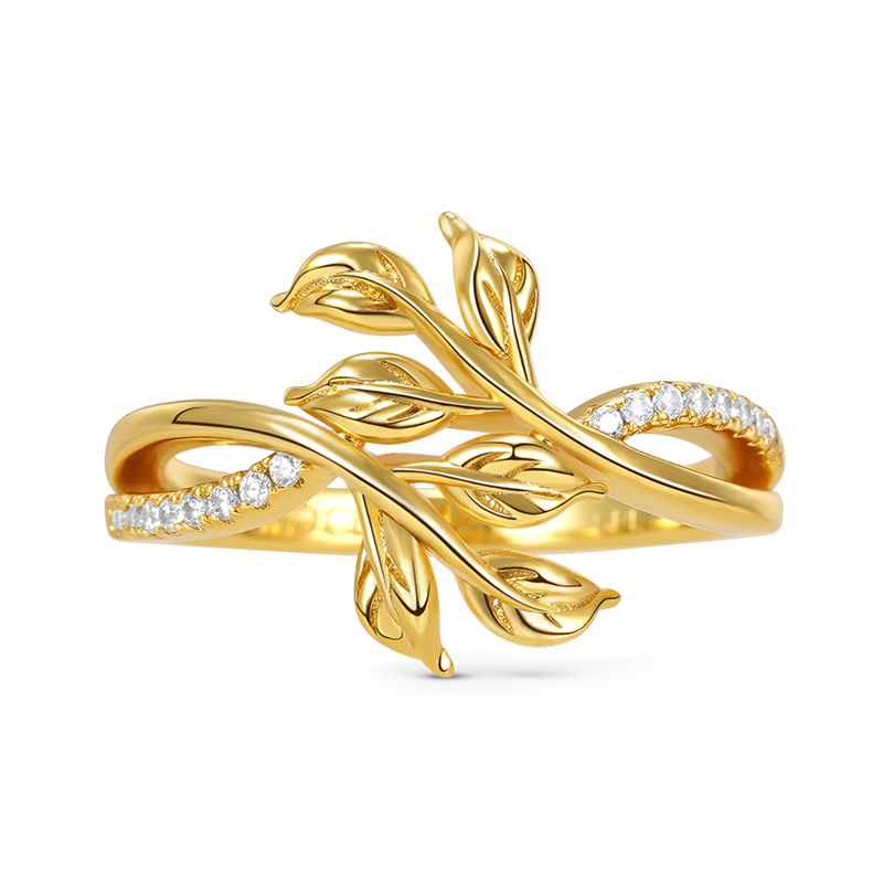 Leaf Shape Ring 925 Sterling Silver 18k Gold Plated Inlaid with Clear Gemstones_1