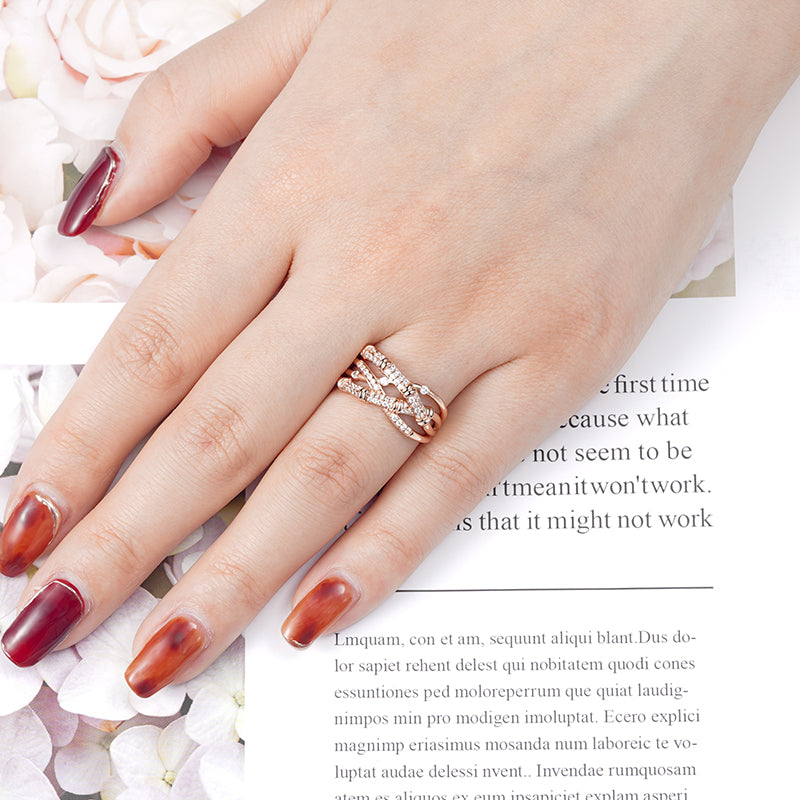 Bamboo Intertwined Band Ring 925 Sterling Silver 18K Rose Gold Plated Inlaid with Clear Gemstones_3