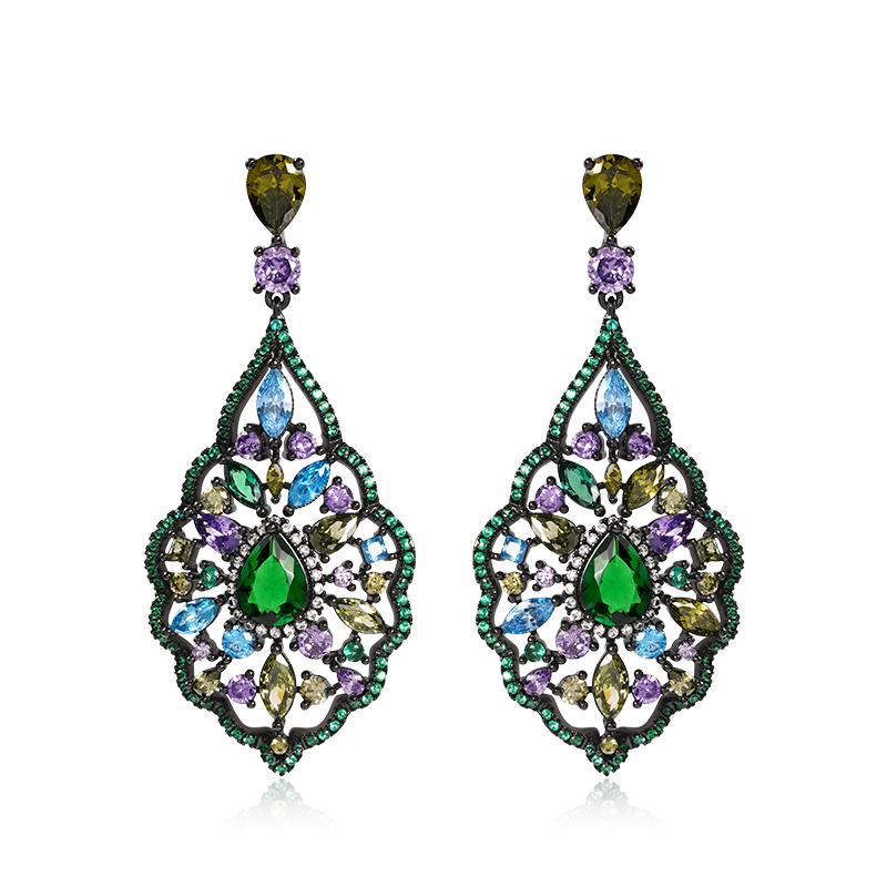 Vintage Water Drop Shape Dangle Earrings Copper Inlaid with Colorful Gemstones_1