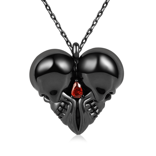 Heart Shaped Double Skull Necklace 925 Sterling Silver with Red Stone_1