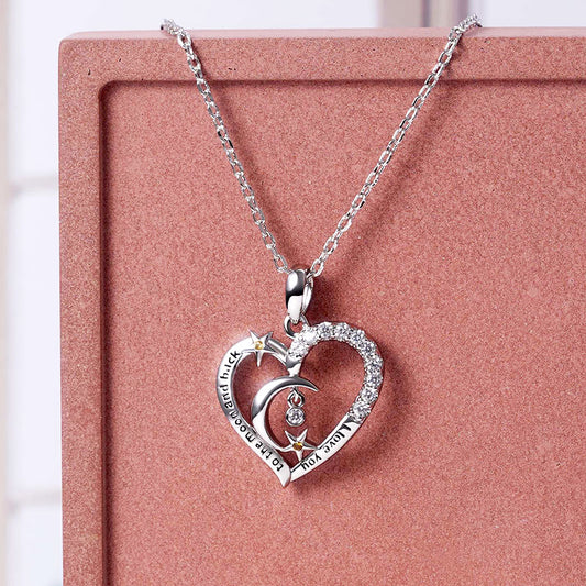 "I love you to the moon and back" Moon and Star Heart Necklace Inlaid with Cz Stones Sterling Silver_3