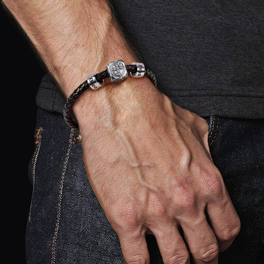 Rose Skull Cross Vintage Bead & Customized Classic Beads S925 Sterling Silver with Gift Copper Black Leather Men's Bracelet Jewelry for Men_6