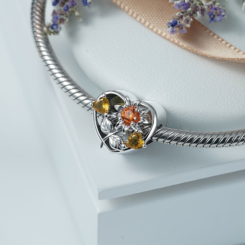 Sun Flower Personalized Photo Charm Bead 925 Sterling Silver Inliad with Orange CZ Stones_2