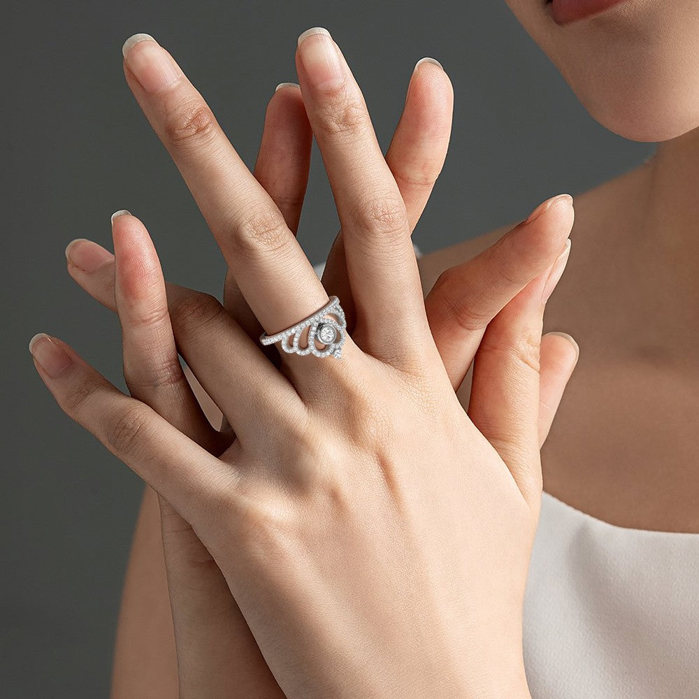 Graceful Queen Crown Ring 925 Sterling Silver Inlaid with Clear Gemstones_5