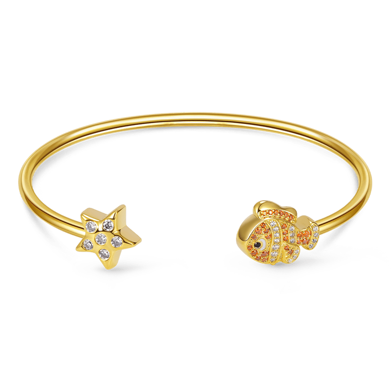 Fish & Starfish Open Bangle Bracelet 18K Gold Plated Inlaid with Clear and Orange CZ Stones_1