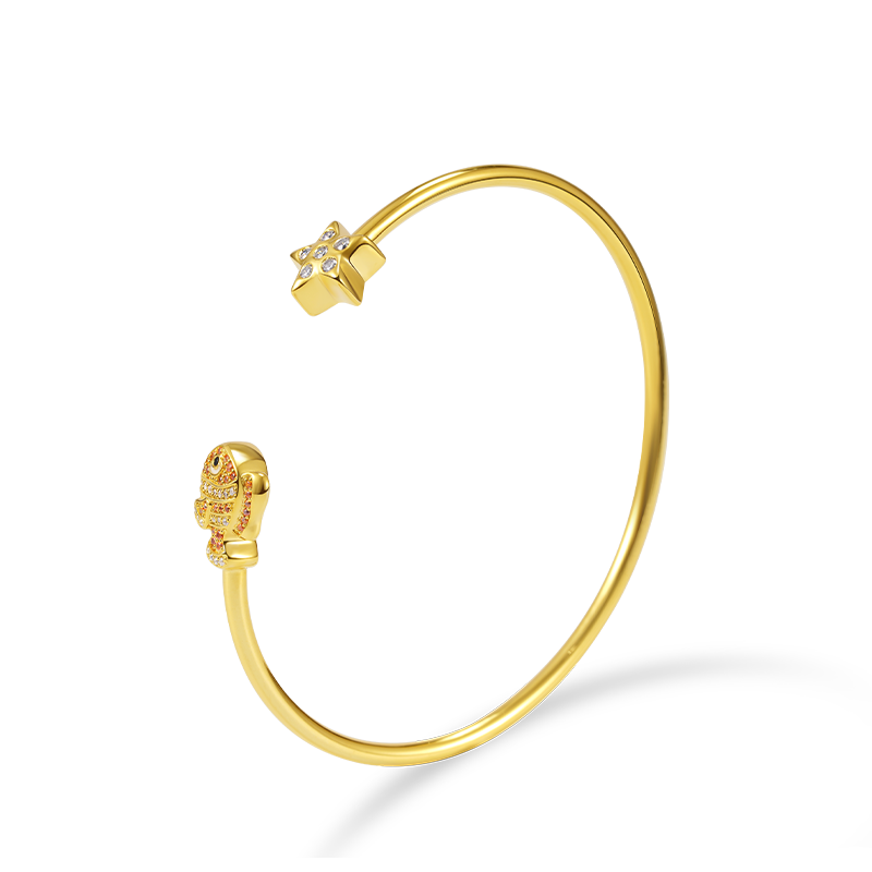 Fish & Starfish Open Bangle Bracelet 18K Gold Plated Inlaid with Clear and Orange CZ Stones_2