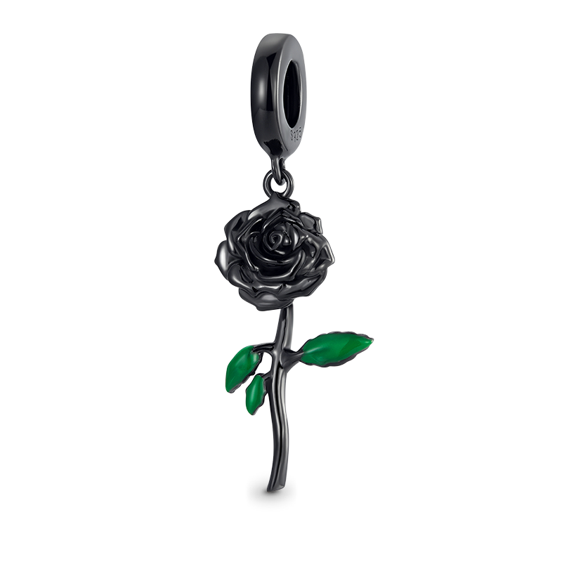 Black Rose Flower Pendant Dangle Charm 925 Sterling Silver with Enamels_1