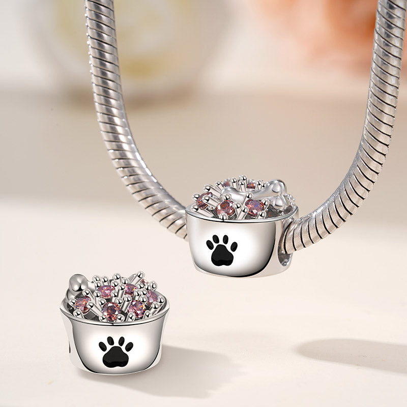 Pet Food Bowl Charm Bead 925 Sterling Silver Inlaid with Brown Gemstones_2