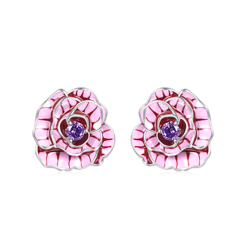 Gnoce Pink Rose Flower Stud Earrings_1