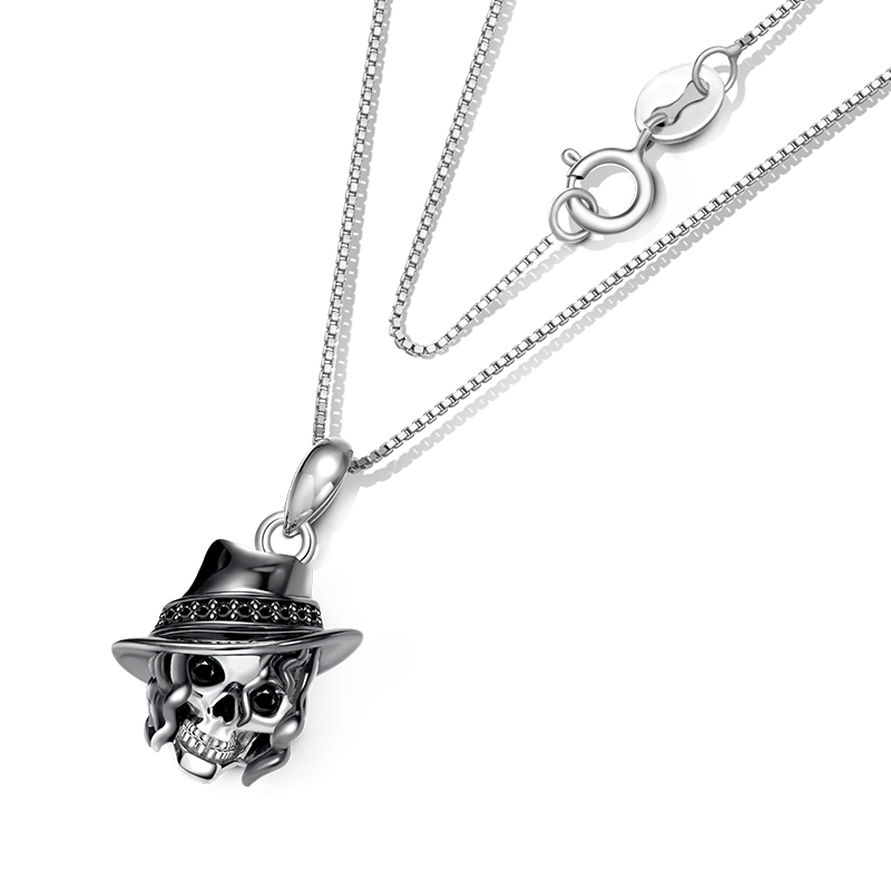 Gnoce Curly Hair Skull with Hat Necklace_2