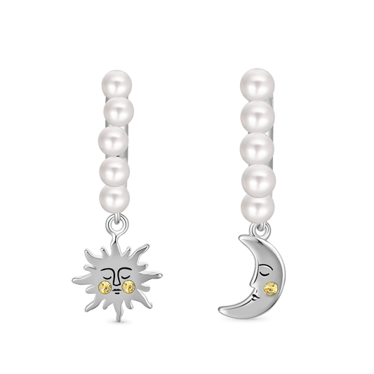 Gnoce Asymmetry Sun & Moon Face Pearl Hoop Earrings_1