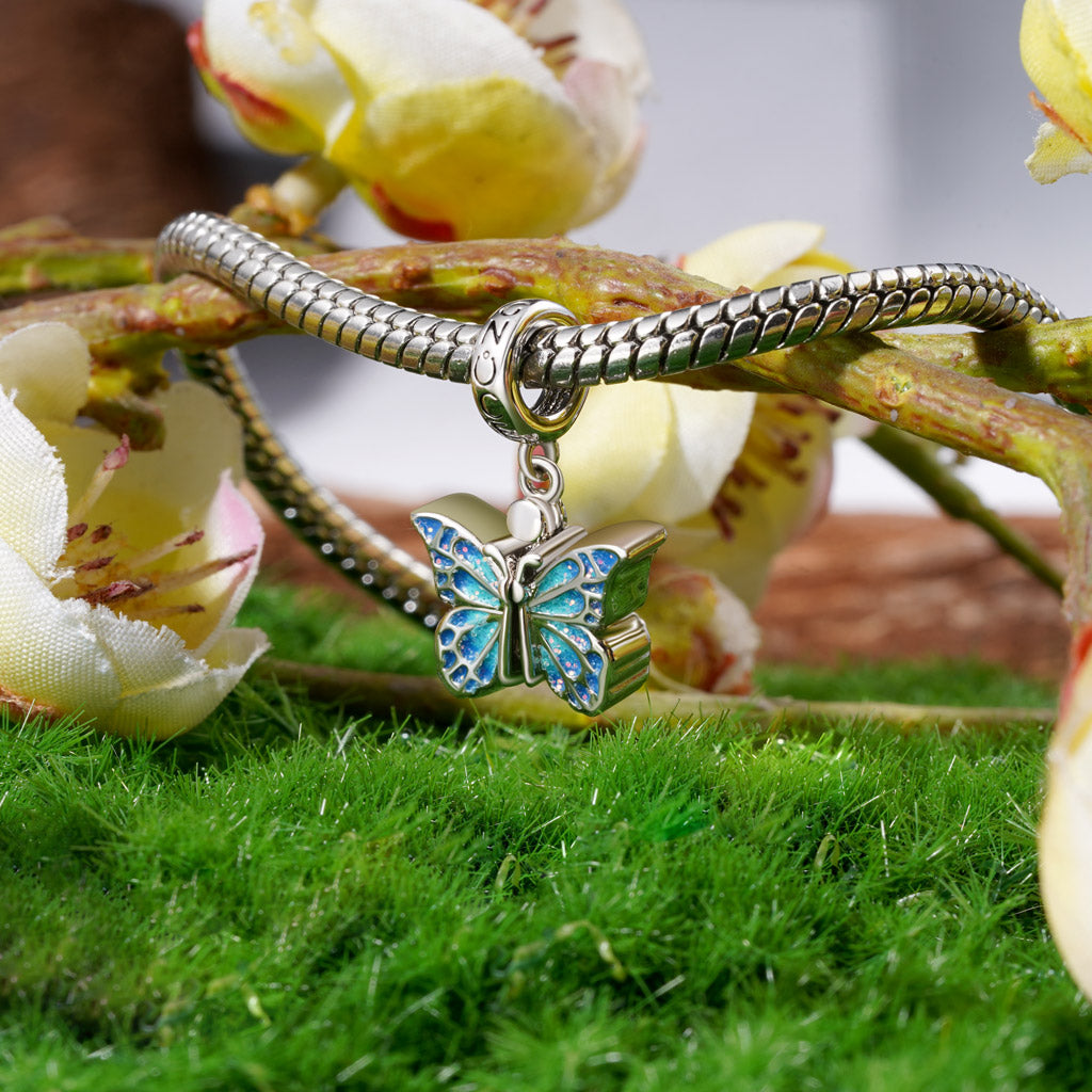 Gnoce Blue Butterfly Vibrating Wings Engravable Pendant Dangle Charm_5