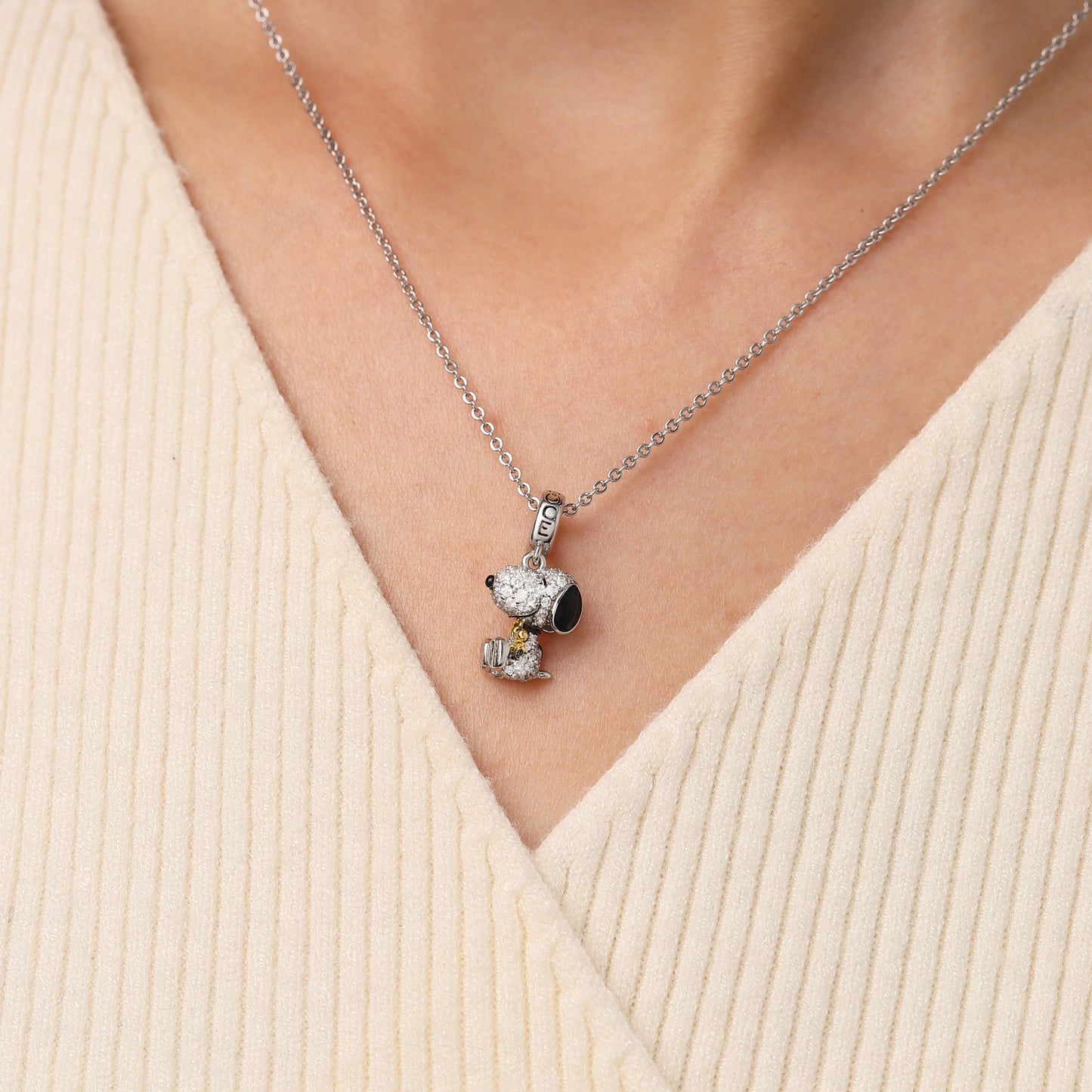 Gnoce Peanuts Snoopy Hugging Woodstock Diamond Pendant Dangle Charm_6