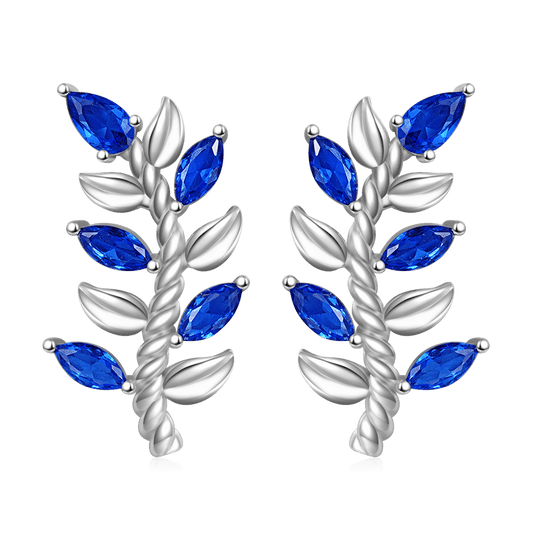 Gnoce Leaf & Stem Blue Gems Stud Earrings_1