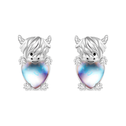 Gnoce Highland Cow Embraces Heart Moonstone Stud Earrings_1