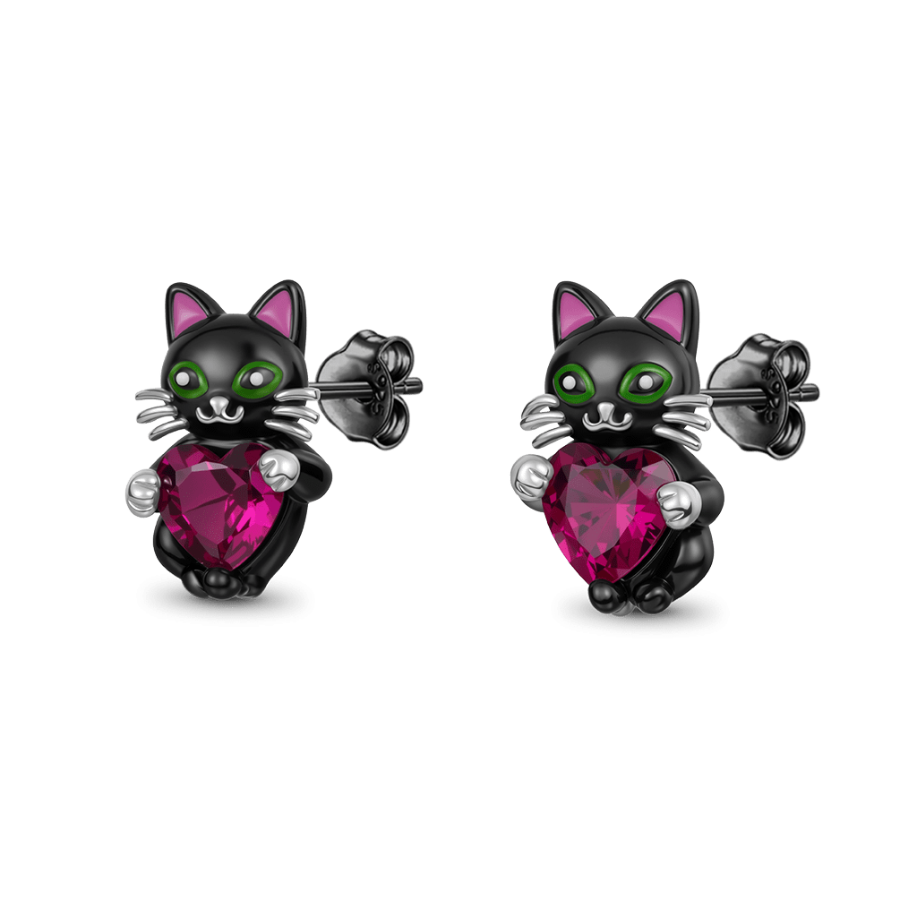 Gnoce Black Cat Embrace Heart Stud Earrings_1