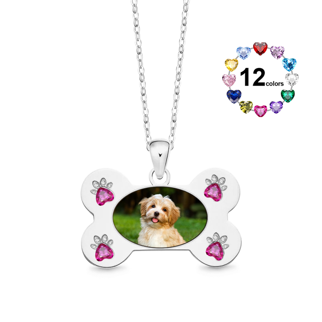 Gnoce Custom Dog Bone Photo Necklace with Paw Birthstone_1