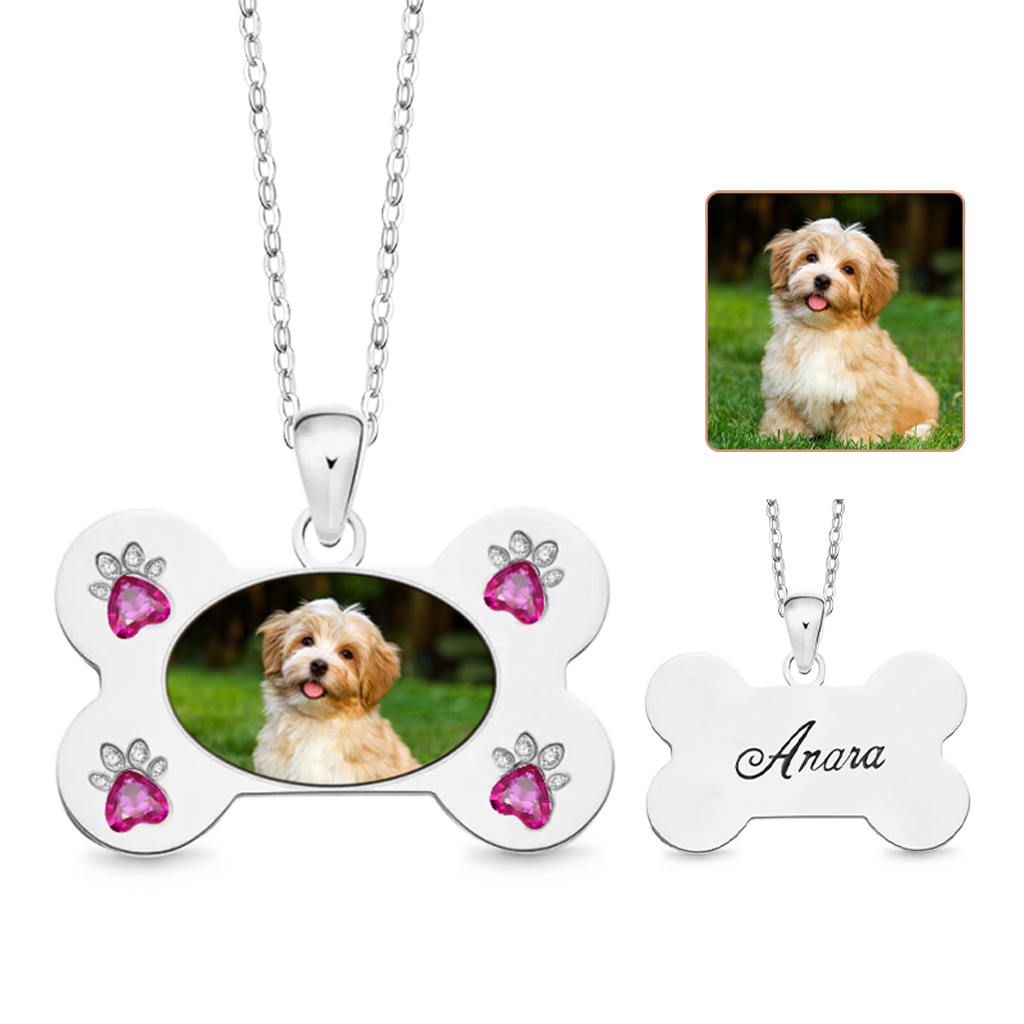 Gnoce Custom Dog Bone Photo Necklace with Paw Birthstone_2