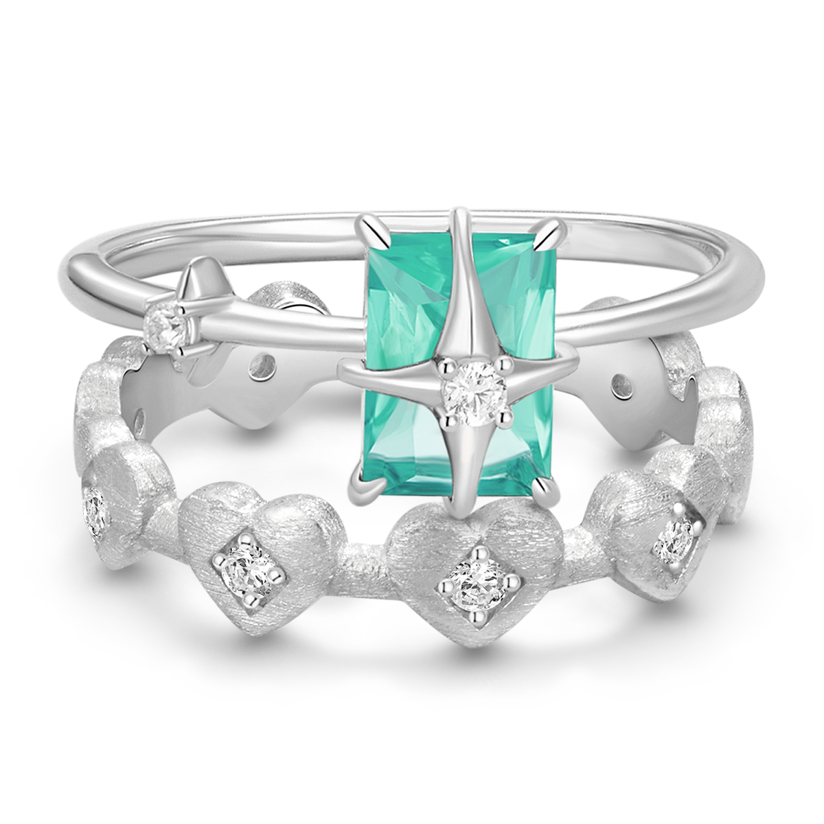 Gnoce Starburst Green Square Crystal Solitaire and Heart Ring Set_1