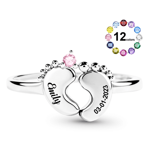 Gnoce Baby Footprint Name Ring Custom Birthstone Mom Ring_1