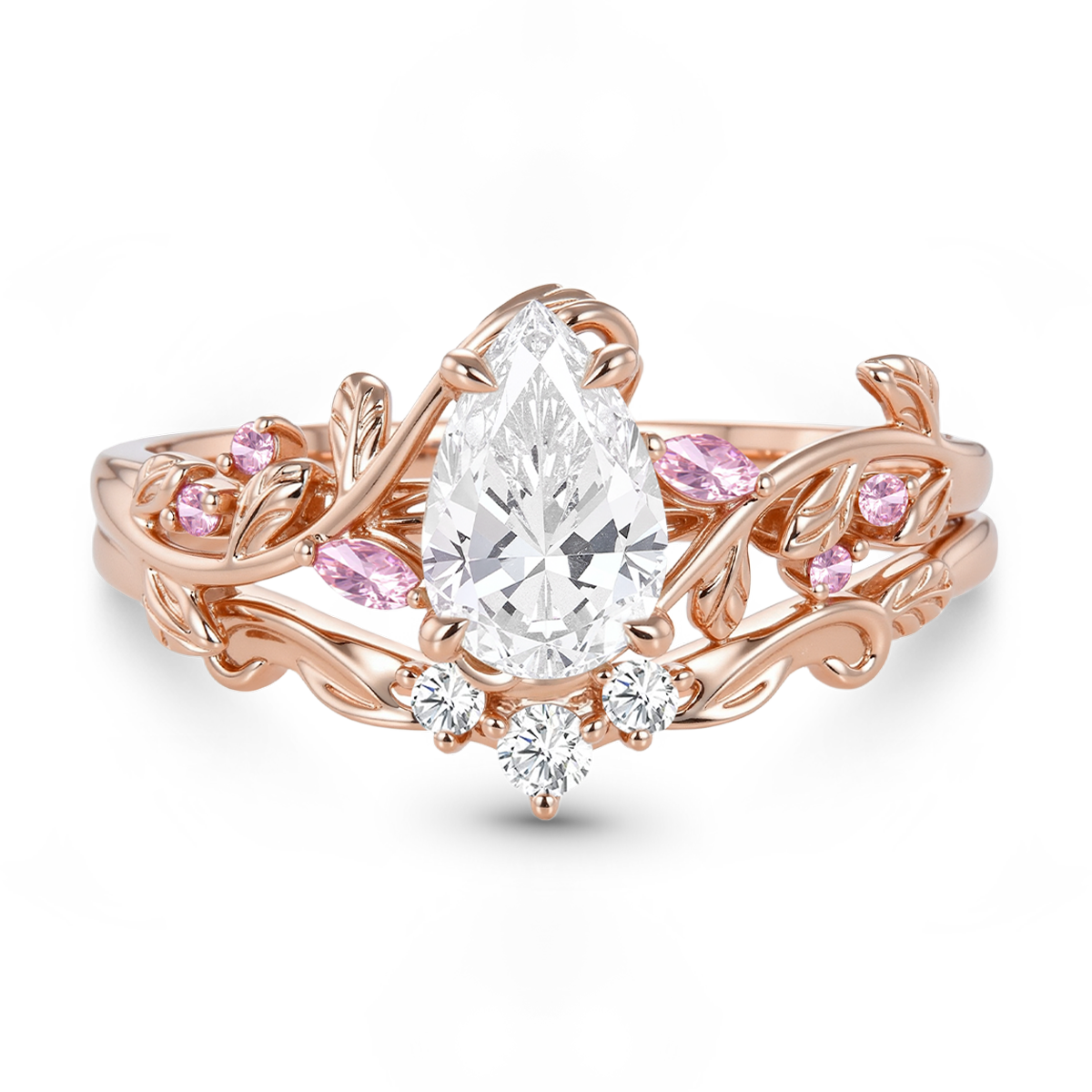 Gnoce Nature-Inspired Leaf Pear-Cut Engagement Ring Set_1