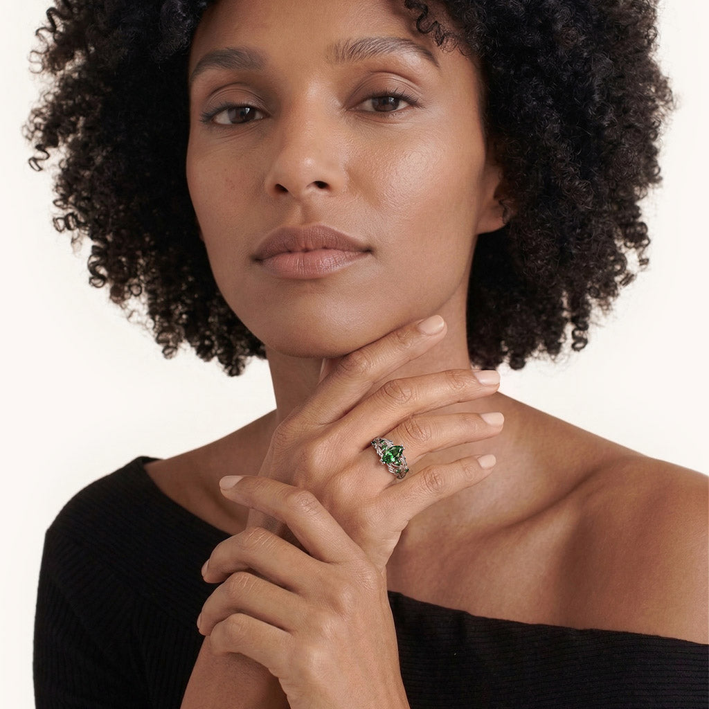 Gnoce Vine Green Marquise-Cut Engagement Ring Platinum-plated Silver Blend_3