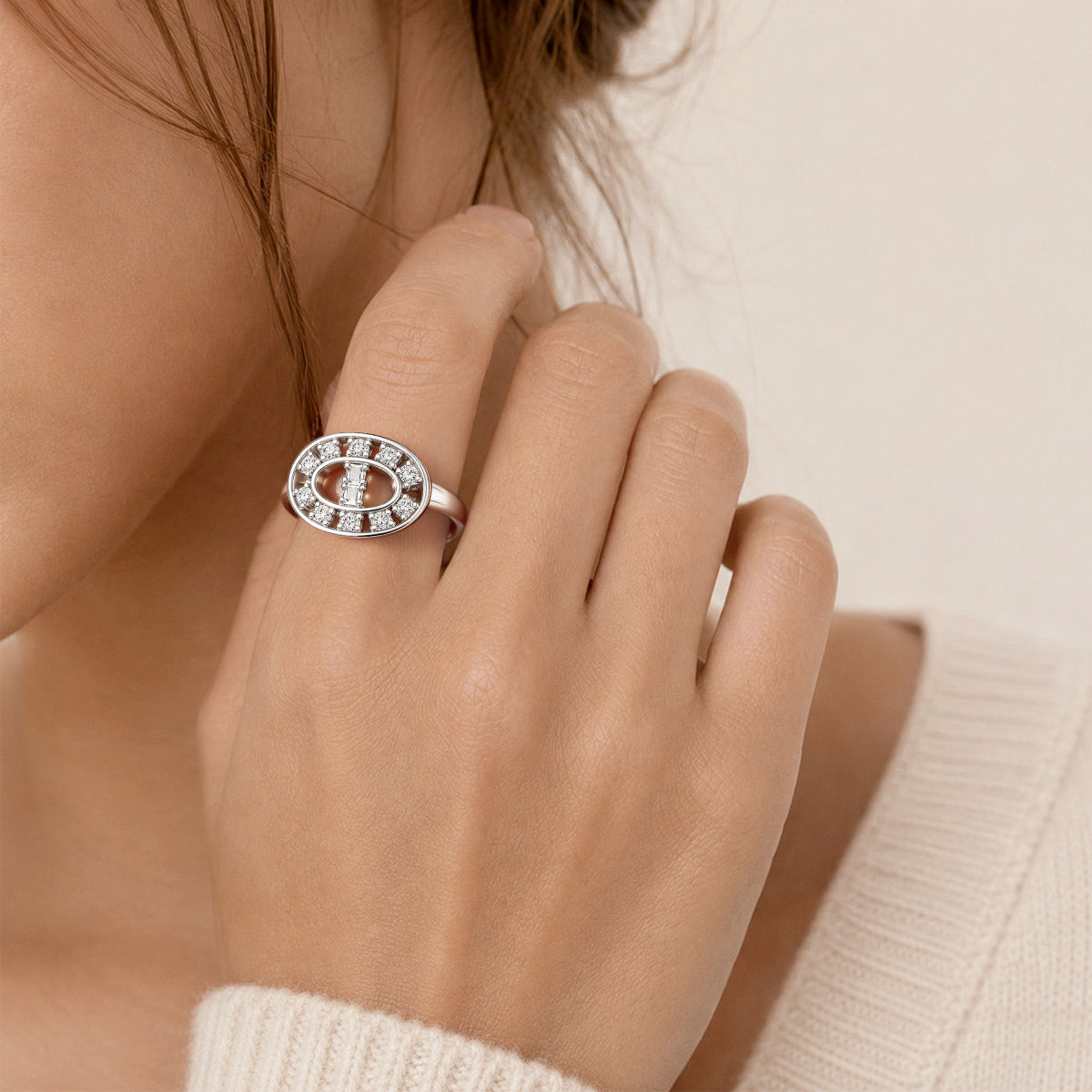 Gnoce Oval Baguette & Round Cut Engagement Ring Platinum-plated Silver Blend_2