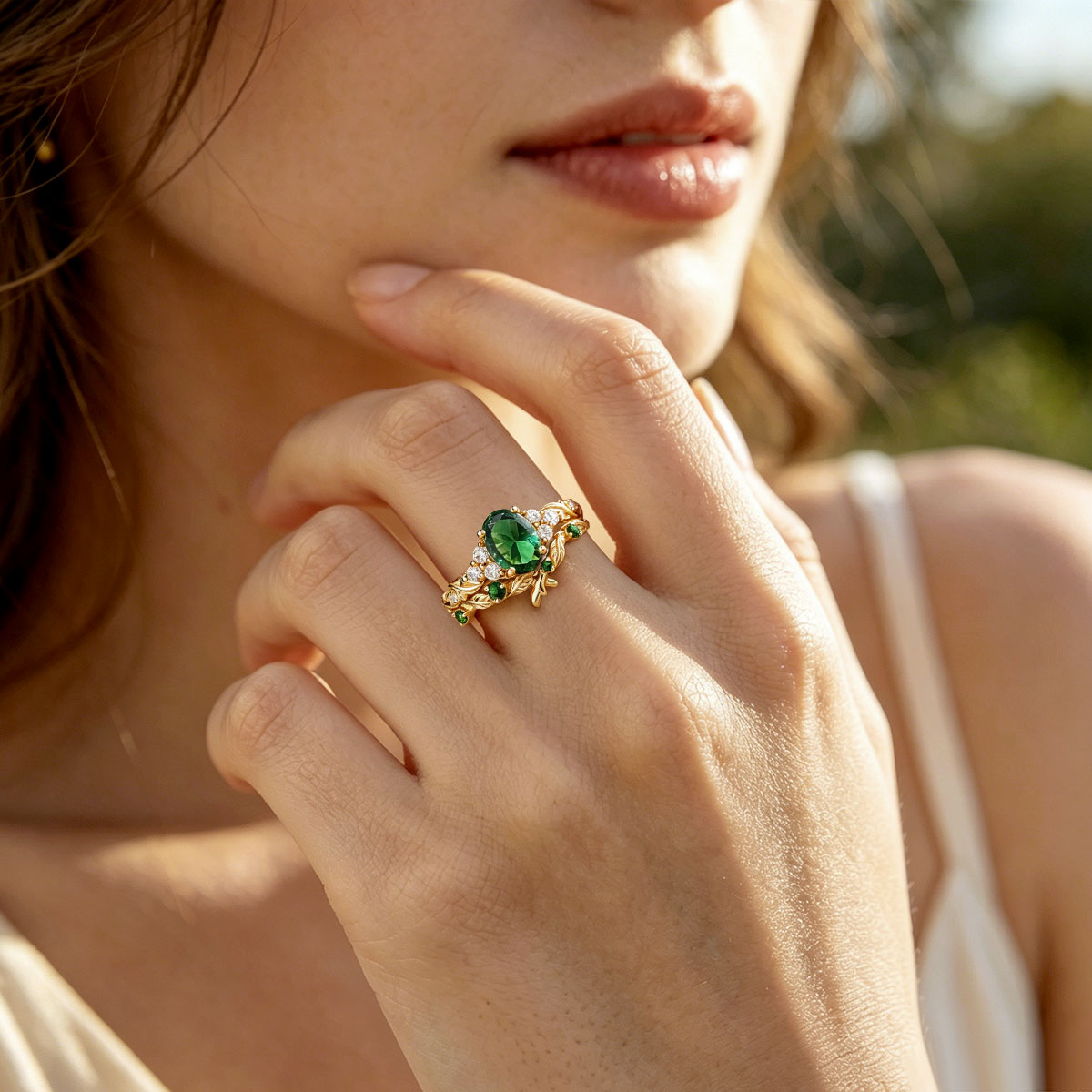 Gnoce Nature-Inspired Leaf Oval-Cut Engagement Ring Set_3