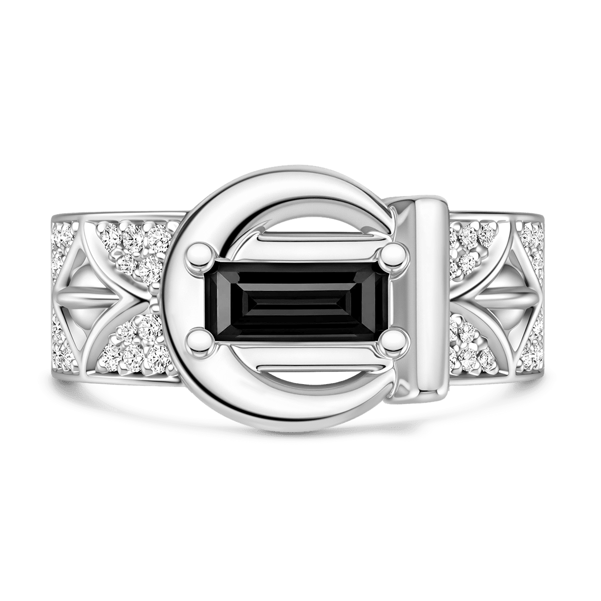 Gnoce Baguette Black Gemstone Crescent Moon Ring Platinum-plated Silver Blend_1