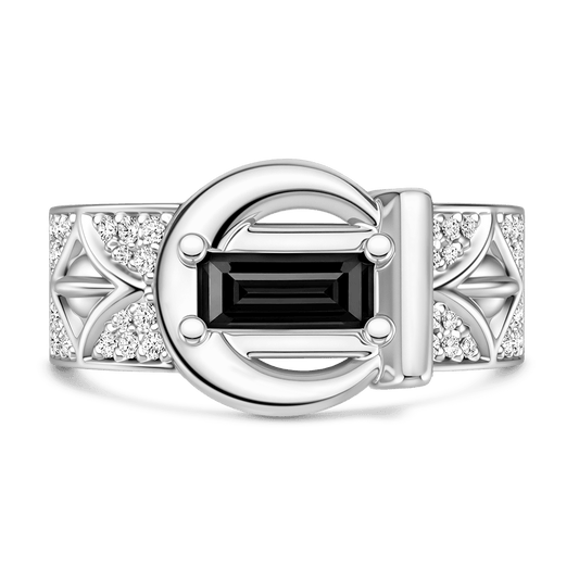 Gnoce Baguette Black Gemstone Crescent Moon Ring Platinum-plated Silver Blend_1