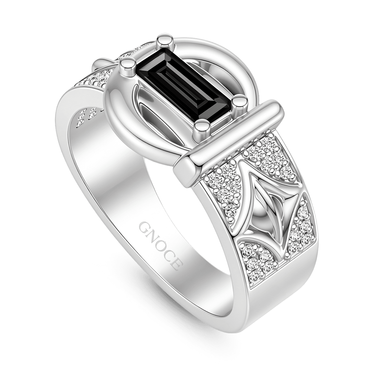 Gnoce Baguette Black Gemstone Crescent Moon Ring Platinum-plated Silver Blend_6