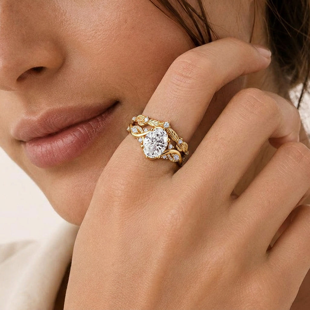 Gnoce Nature-Inspired Leaf & Vine Engagement Ring Set 18k gold-plated Silver Blend_2