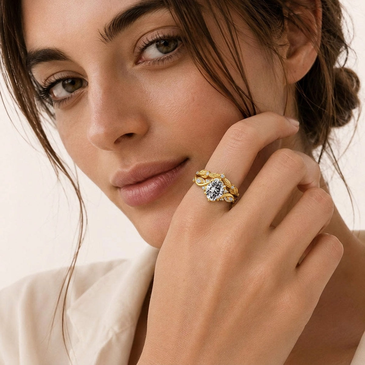 Gnoce Nature-Inspired Leaf & Vine Engagement Ring Set 18k gold-plated Silver Blend_3