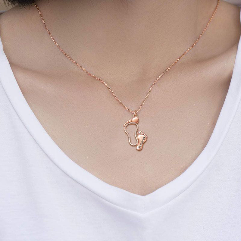 Custom Date Mother Baby Feet Necklace Sterling silver inlaid with Birthstones Mother's Day Gift_4