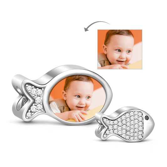 Gnoce "Don't Forget Me" Cute Fish Inlaid with Clear Crystals 925 Sterling Silver Photo Bead Charm, Great Gift for Your Best Friend_1