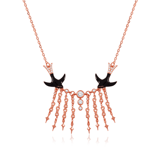Swallows in the Starry Sky Necklace Sterling Silver 18k Rose Gold Plated Paved with Stones_1
