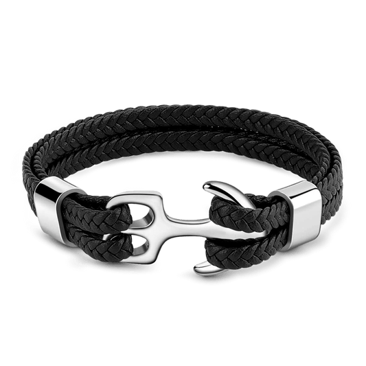 Black Anchor Leather Men's Bracelet with Steel_1