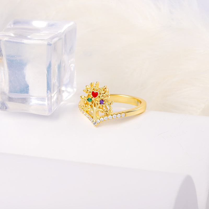 Tree of Life V Ring Sterling Silver 18K Gold Plated inlaid with Stones Mother's Day Gift_2