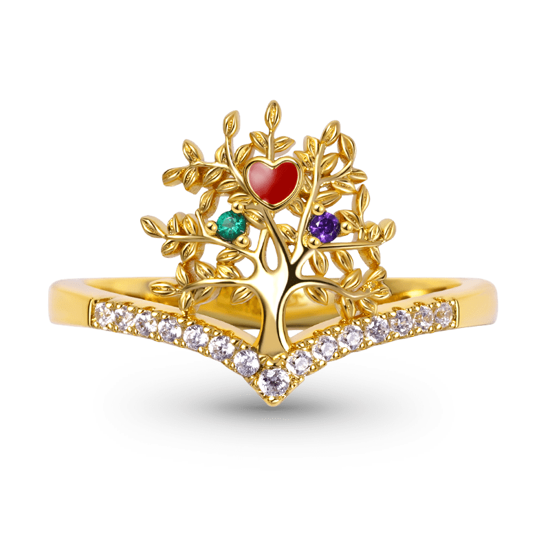 Tree of Life V Ring Sterling Silver 18K Gold Plated inlaid with Stones Mother's Day Gift_1