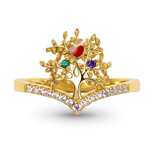 Tree of Life V Ring Sterling Silver 18K Gold Plated inlaid with Stones Mother's Day Gift_1